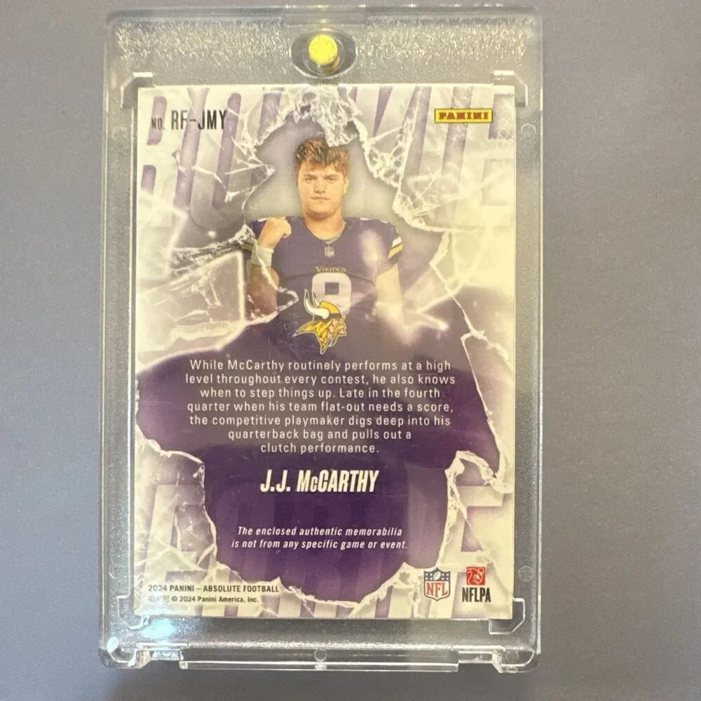 Panini 2024 Absolute Rookie Force J.J. McCarthy Vikings RC MEM #RF-JMY Color mat
